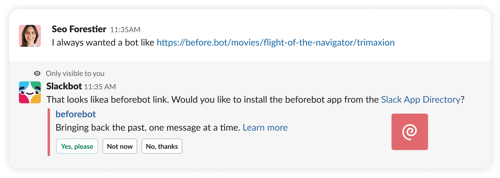 An example app suggestion for a bot called @beforebot.