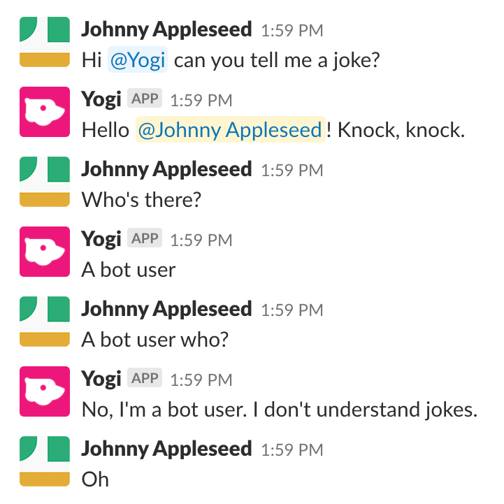 Example conversation between a user and a bot with the user asking the bot to tell a joke