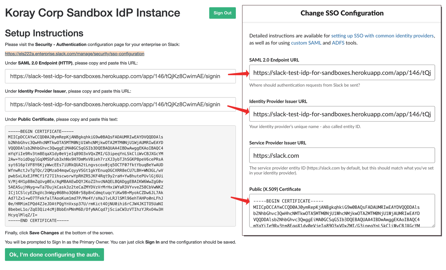 Image showing the where to copy and paste SSO configuration settings