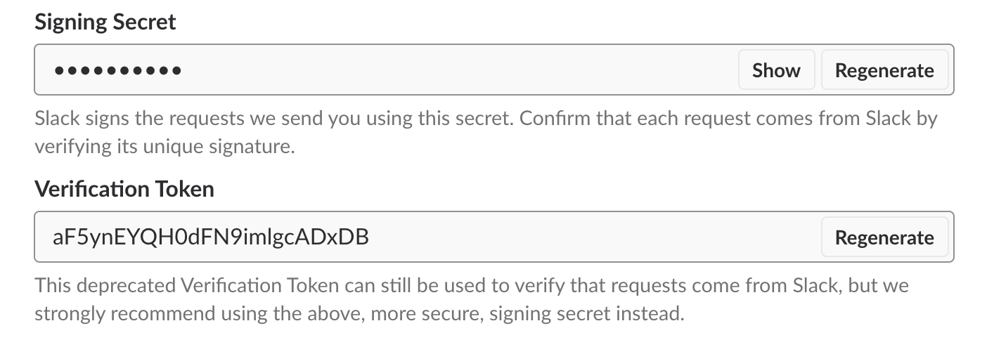 Admin page with signing secret and verification token