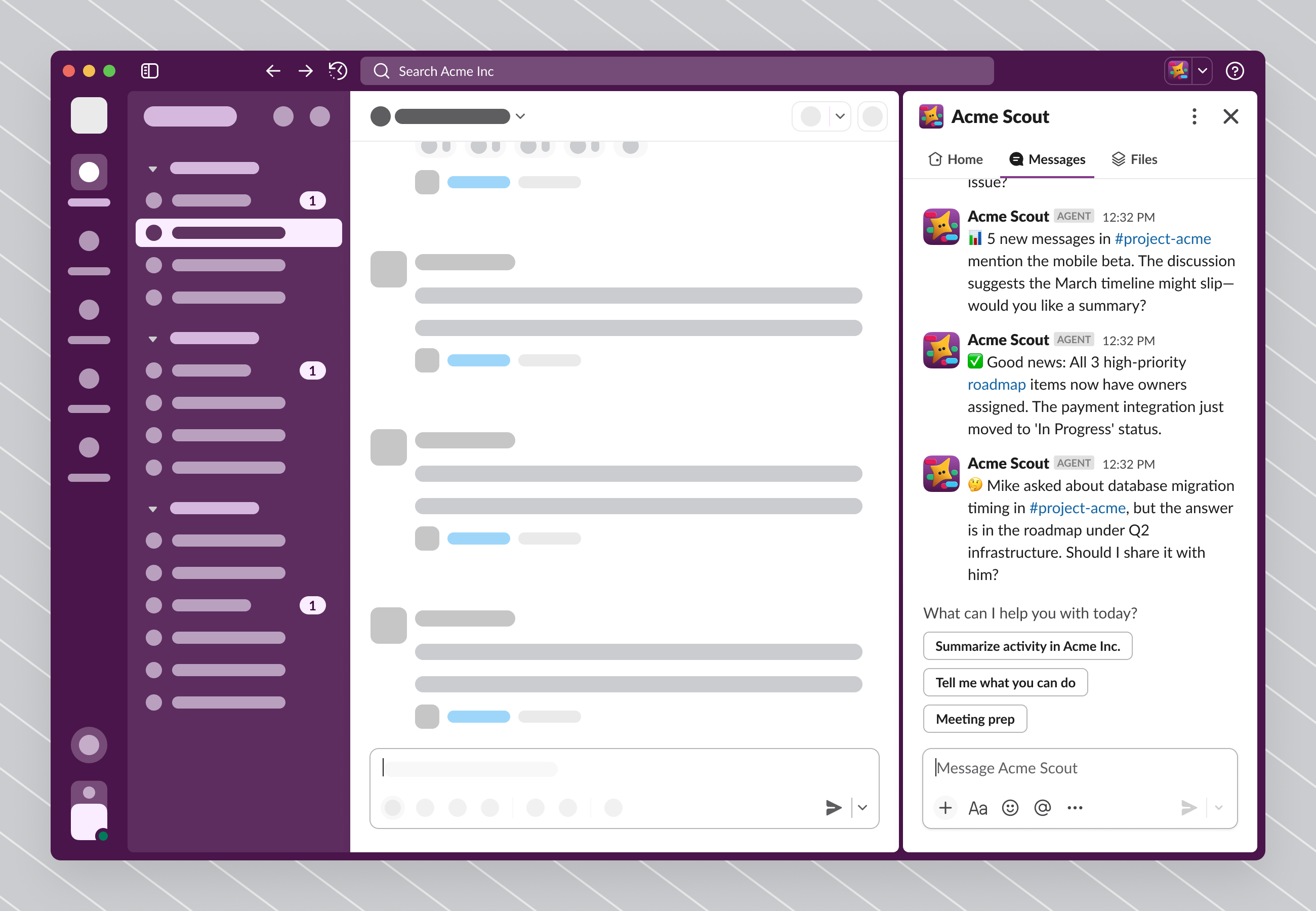 Acme Scout open in the split view pane beside a channel, with suggested prompts under its recent messages