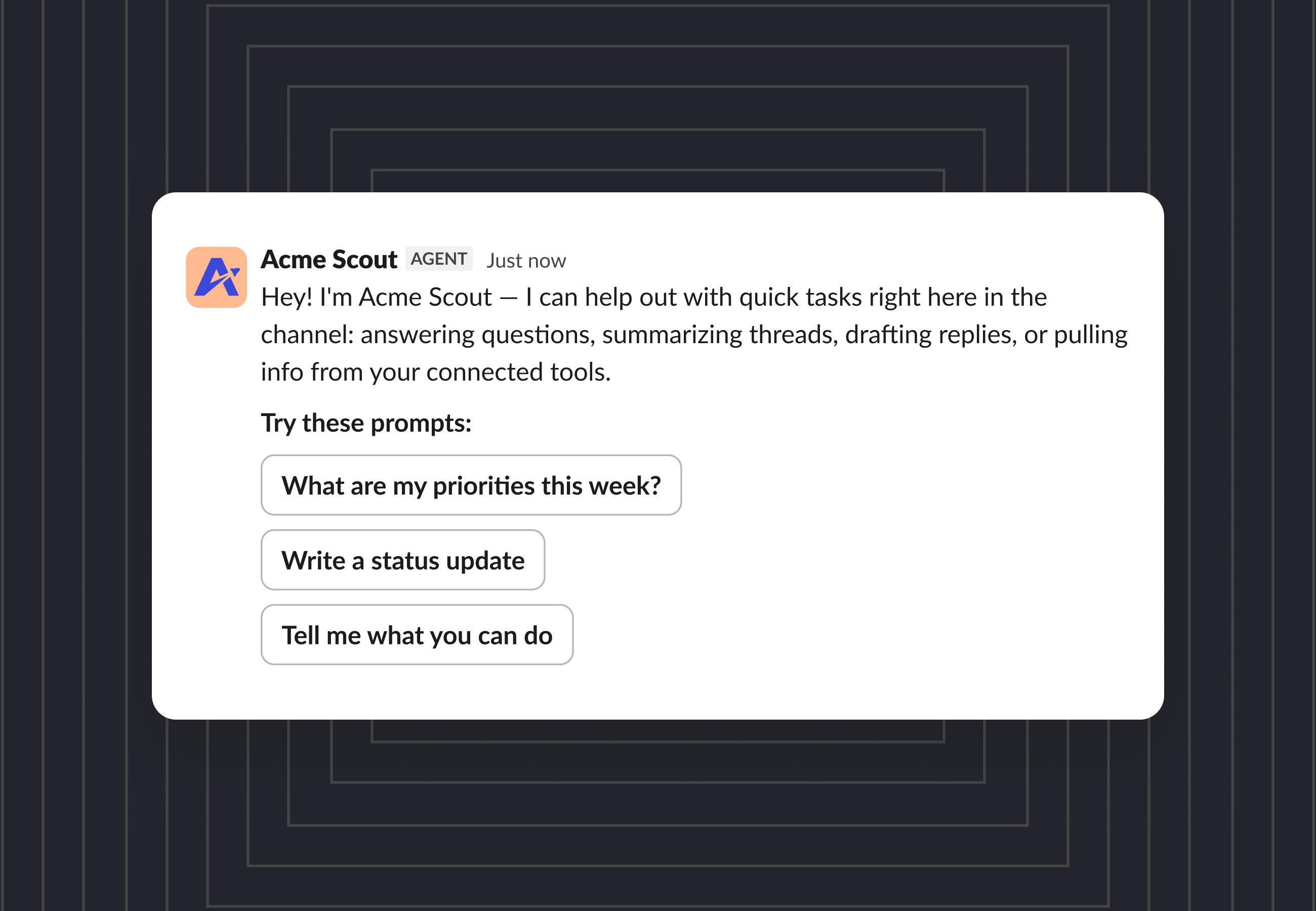 Acme Scout introducing itself with three suggested prompts