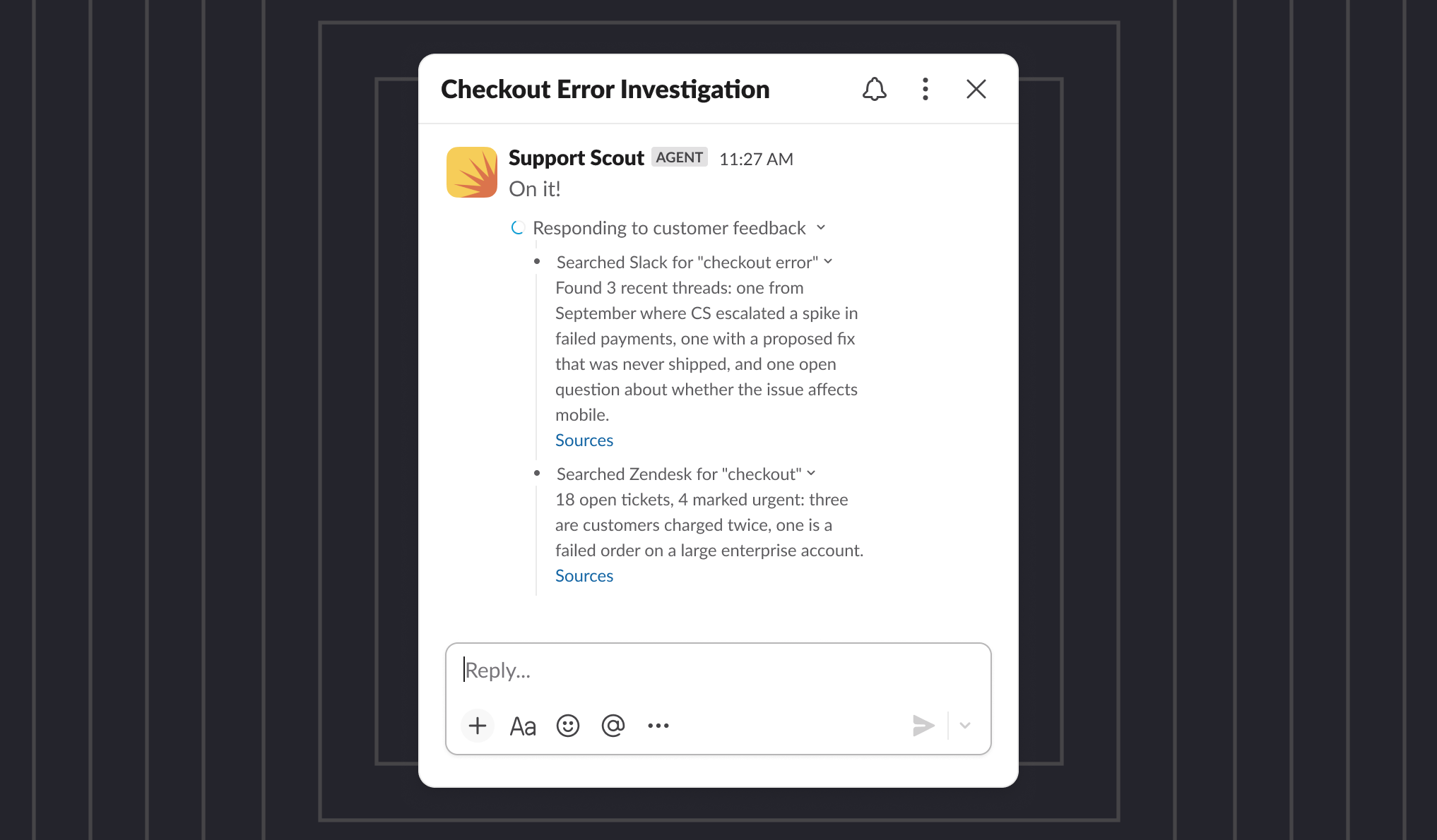 Support Scout searching Slack and Zendesk for a checkout error, with what it found and a Sources link under each search